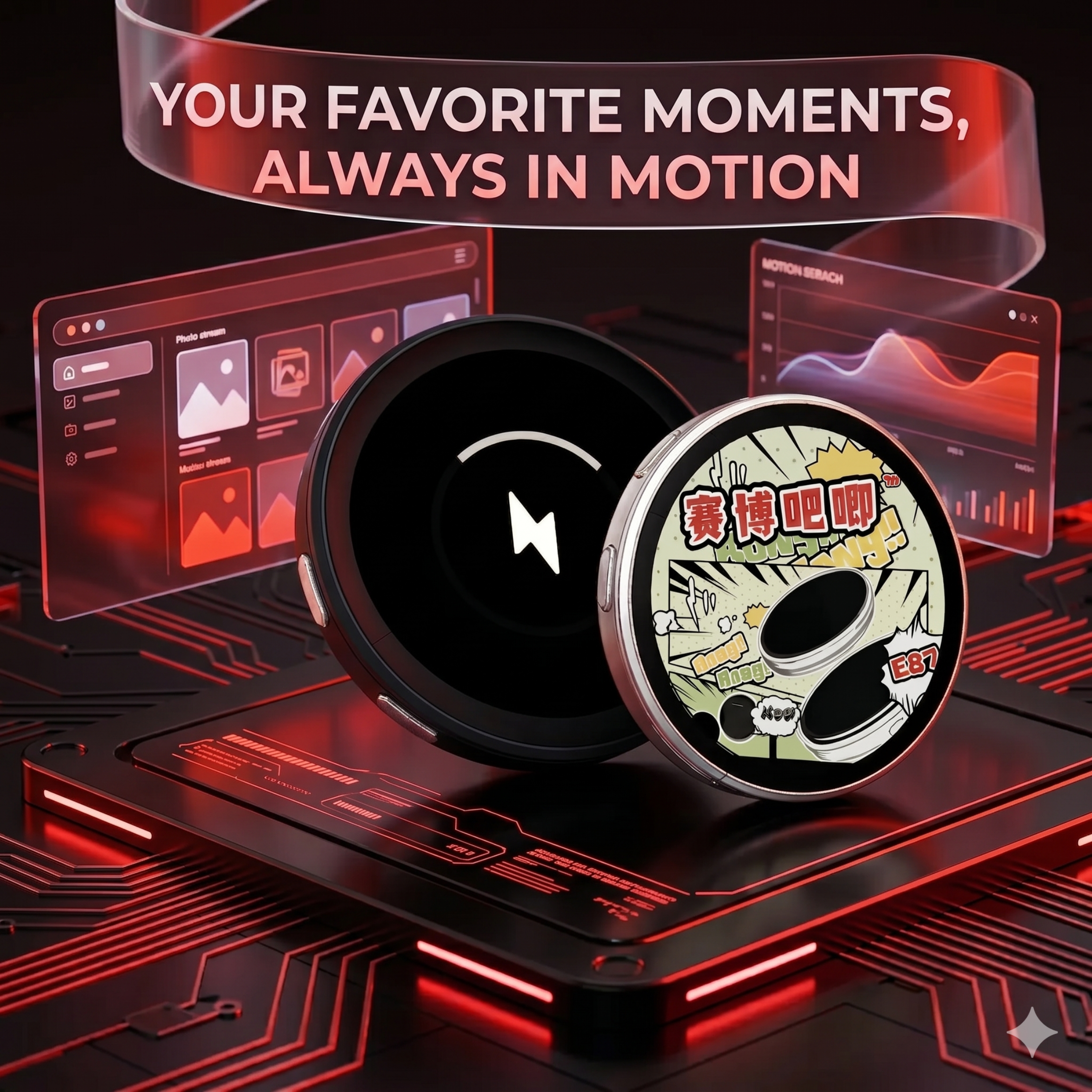 Two circular devices on a futuristic interface with text 'Your Favorite Moments, Always in Motion'.