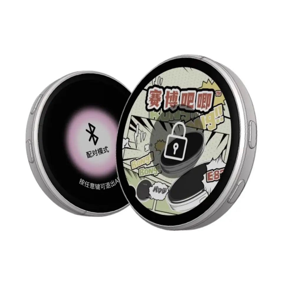 Round electronic device with cartoon design and text on a white background
